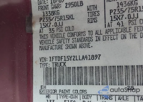 1990 Ford F150 from USA, damaged, VIN 1FTDF15Y2LLA41897